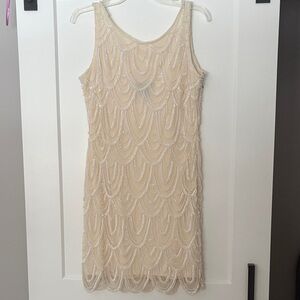 Pisarro Nights Cream Beaded Mini Dress
